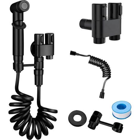 Tragbares Bidet-wc (schwarz) – Doppelventil (1 Einlass/2 Auslässe) + Mini-set – Wc-zubehör/bidet/bidet-set – Ideal Für Zuhause, Reisen Und Optimale Hygiene