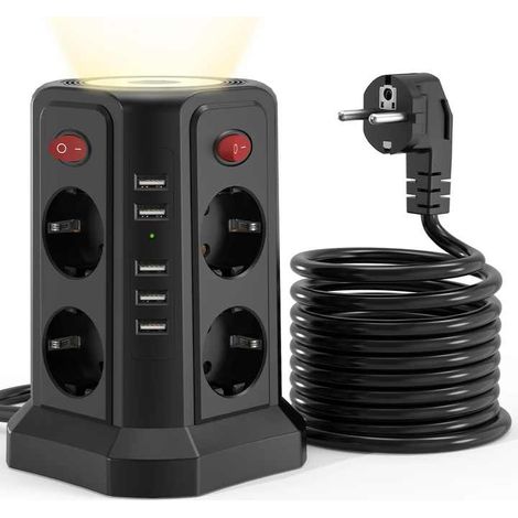 Turm-verlängerungskabel Mit Usb-anschlüssen Und Nachtlicht (13 A, 3250 W), 5 Usb-anschlüsse Und 8-polige Steckdosen, Überspannungsschutz Und 4 Schalter, 3 M Kabel Für Zuhause Und Büro.
