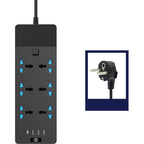 Universelle Steckdosenleiste Mit 6 Steckdosen, 3 Usb-anschlüssen Und 1 Typ-c-anschluss, 2 Meter Langes Verlängerungskabel, 3000-w-universalsteckdosenleiste Mit Überspannungsschutz, 110-250-v-verlänger