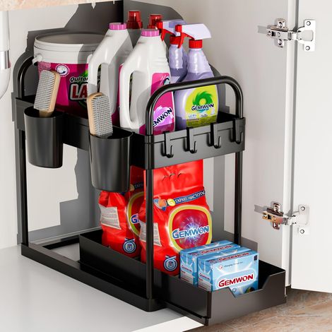 Unterspülbecken-aufbewahrung, 2-stufiger Küchenorganizer Mit Auszugsboden, Multifunktionaler Organizer Für Küche Und Bad, Ausziehbarer Unterspülbeckenkorb, Schwarz