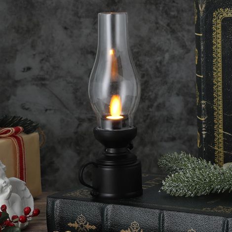 Vintage-tischleuchte Mit Flammenloser Petroleumlampe – Led-laterne – Transparente Sturmlaterne – Batteriebetrieben – Für Schlaf- Und Wohnzimmer – Schwarz