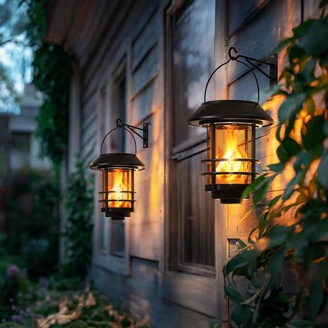 Wasserdichte Solarlaternen – Flackernde Flamme Und Glasschirm – Wand- Und Hängemontage – Ideal Für Halloween, Haustür Und Terrasse.