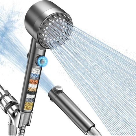 Wasserdichtes Duschset – 4-teilig (filter, Duschkopf, Halterung, Schlauch) – 3 Strahlarten + 1 Strahl, Druckduschkopf Mit Absperrventil – Schwarz