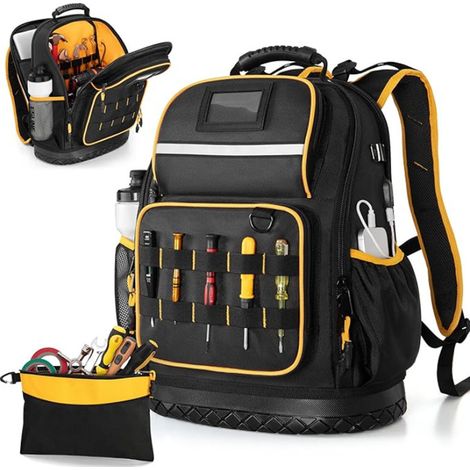 Werkzeugrucksack Mit Hartboden, Werkzeugfach, Robuste Werkzeugtasche Mit Mehreren Fächern Und Laptopfach, Schwarz