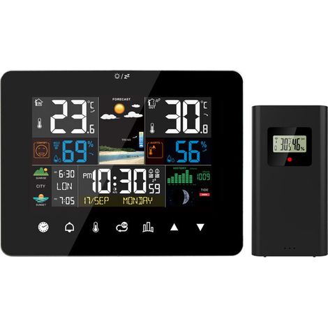 Wetterstation Mit Sonnenaufgangs- Und Sonnenuntergangswecker, Multifunktionsthermometer Und Hygrometer, Touchscreen-bedienung Mit Drahtlosem Außensensor, Schwarz, Von Debuns