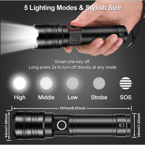 Wiederaufladbare Taschenlampe Mit 50.000 Lumen, Große Reichweite, Ultrahelle Usb-c-led-taschenlampe Mit Langer Akkulaufzeit, 5 Modi, Leistungsstarke Zoom-taschenlampe, Ideal Für Notfälle, Wandern Usw.