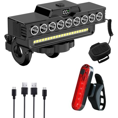 Wiederaufladbarer Und Wasserdichter Fahrradscheinwerfer Mit Hupe, 9 Leds Und 7 Modi, Ipx5 Wasserdicht, Lange Akkulaufzeit Mit Batterieanzeige, Einfach Zu Montieren Für Nachtfahrten Und Mountainbiken.