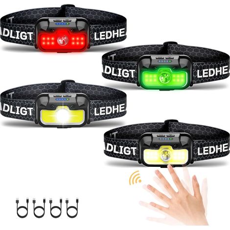 Wiederaufladbares Stirnlampenset (4-teilig), Extra Helle 500 Lumen Rote Stirnlampe, Wasserfeste Frontleuchte Mit Weißem Und Grünem Lichtstreifen, Verstellbare Stirnlampe, Ideal Zum Campen.