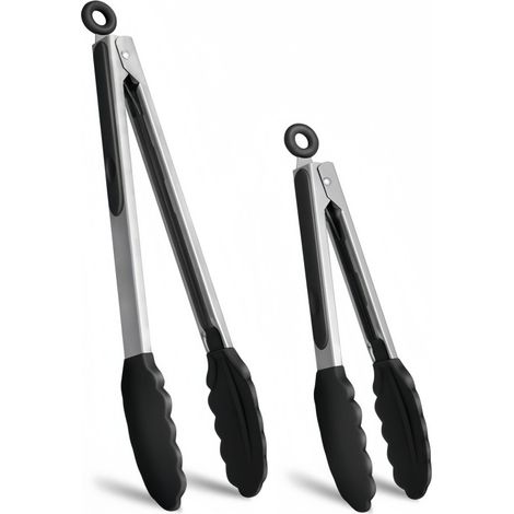 Zwei Sets Schwarzer Küchenzangen Aus Hochwertigem Silikon, Antihaftbeschichtetem Edelstahl, Verriegelbare Lebensmittelzangen, Geeignet Zum Grillen, 9 Bis 12 Zoll.