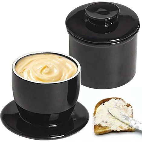Zwei Französische Butterdosen Aus Keramik Mit Runden Deckeln, Wassergekühlt, Mit Wasserrohr, Butterdosen Aus Keramik Zum Verstreichen Von Butter, Schwarz (9 × 8 × 8 × 9,6 Cm)
