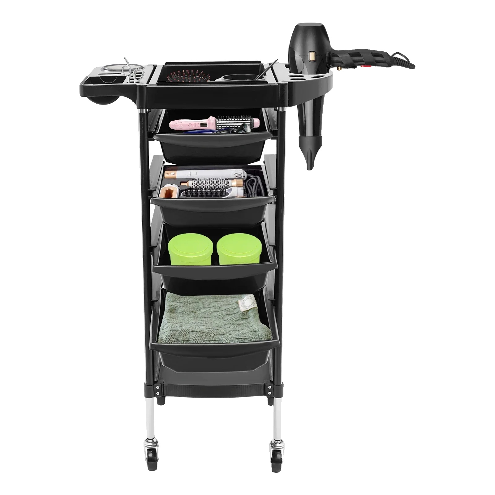 Friseurtrolley, 4 Schubladen, Klappbare Oberseite, Schwarz