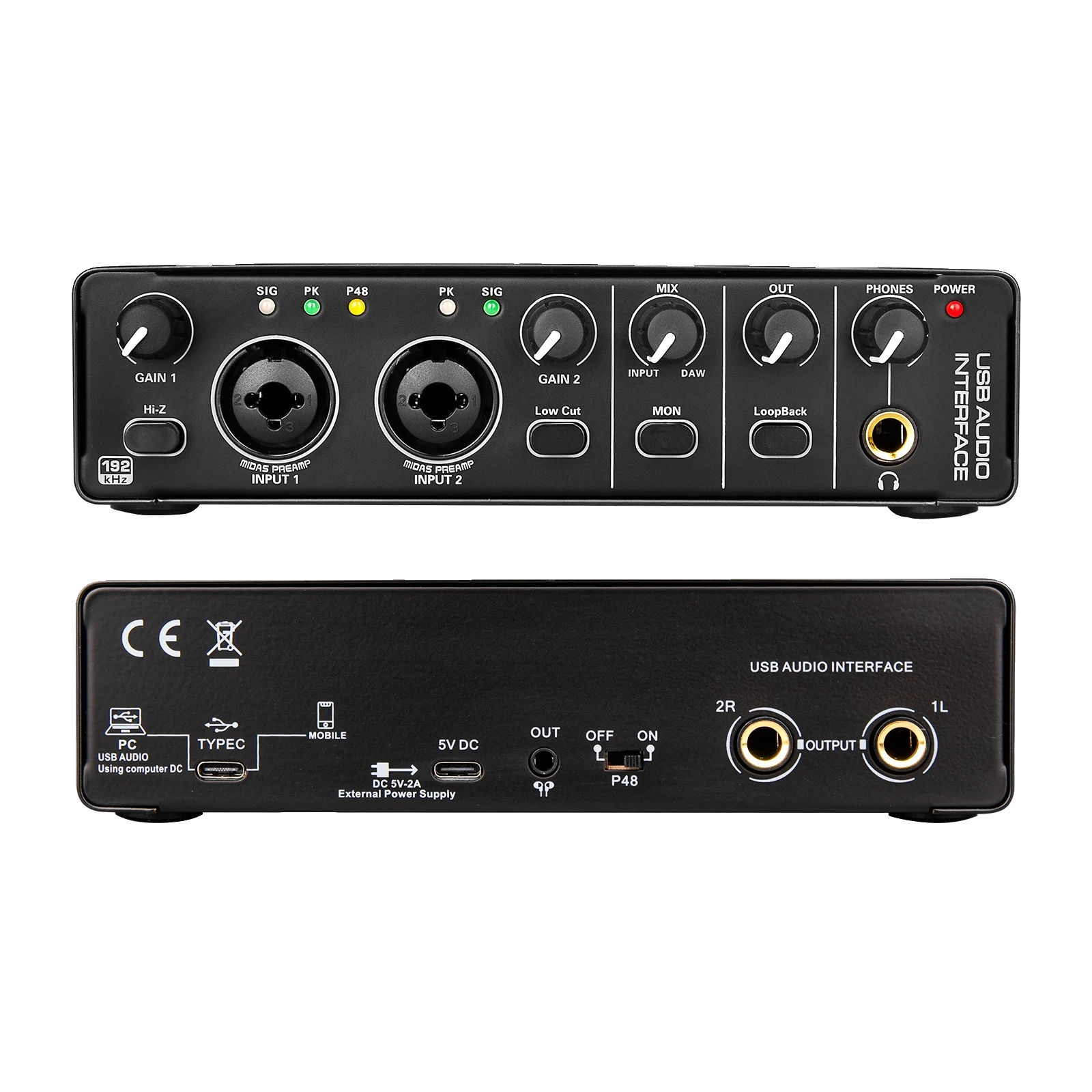 Audio-interface, Verbindet 48v Kondensatormikrofone, Netzbetrieben, Schwarz