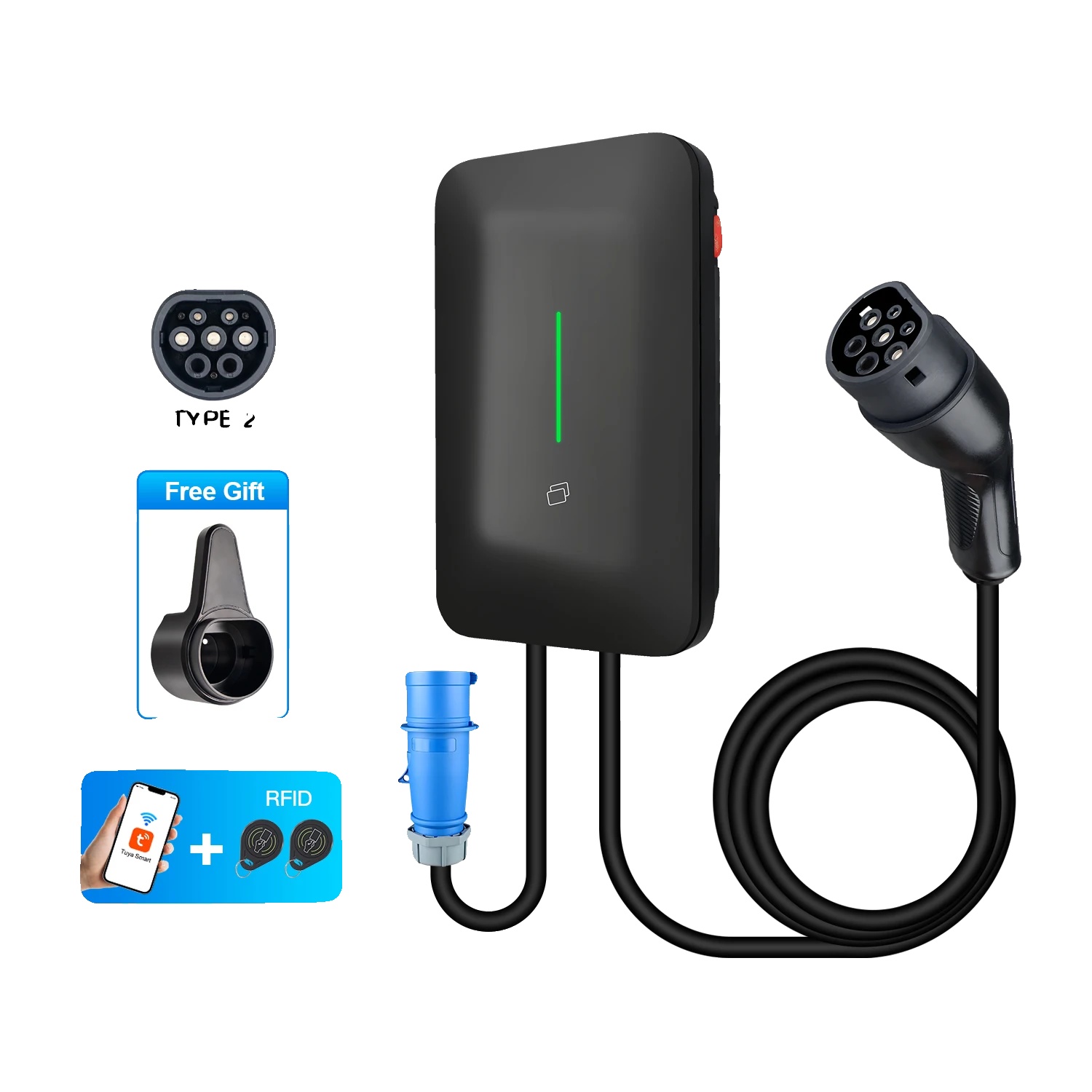 Ev-ladestation, Intelligente App-steuerung, Einstellbare Stromstärken, Eu-7.2kw, Typ2-a