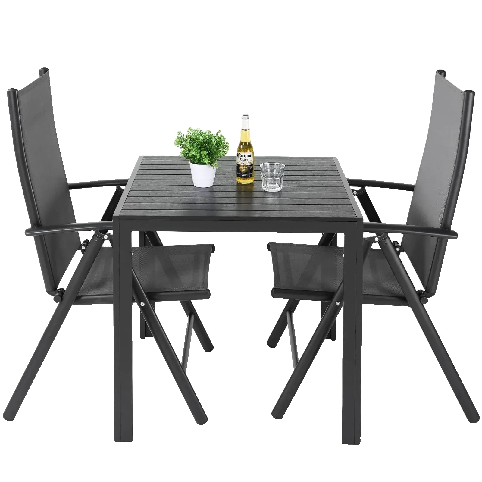 Garten Tisch- Und Stuhlset, Klappstühle Mit Hohem Rücken, Modernes Design, Ganz Schwarz
