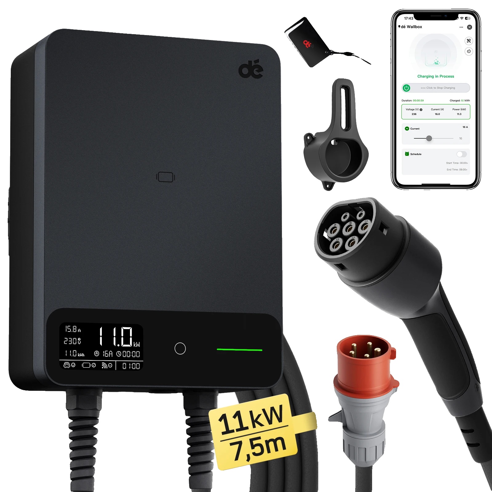 Ladestation, 11 Kw Leistung, Smarte App Steuerung, 7.5m Schwarz, Typ2-b