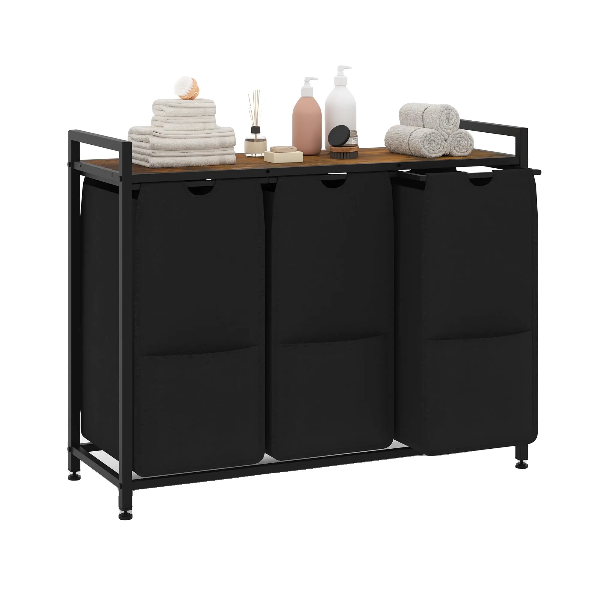 Wäschekorb, Ausziehbares Design, Robustes Oxford-gewebe, Schwarz 3 Taschen