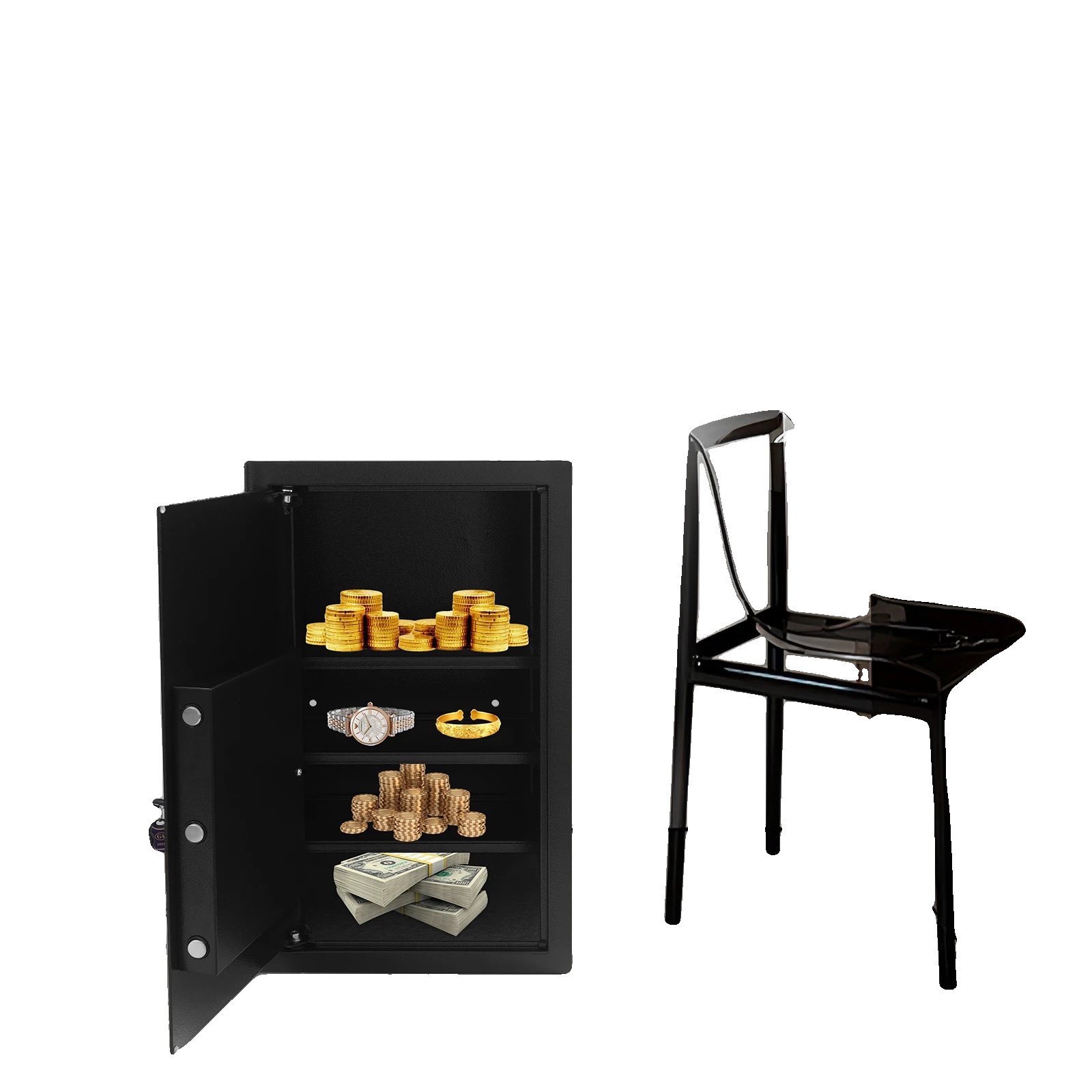Sicherheitssafe, Stahlkonstruktion, 62,5x37x31 Cm Abmessungen, 60 L Fassungsvermögen, Freistehend Oder Wandmontiert, Modernes Schwarzes Design