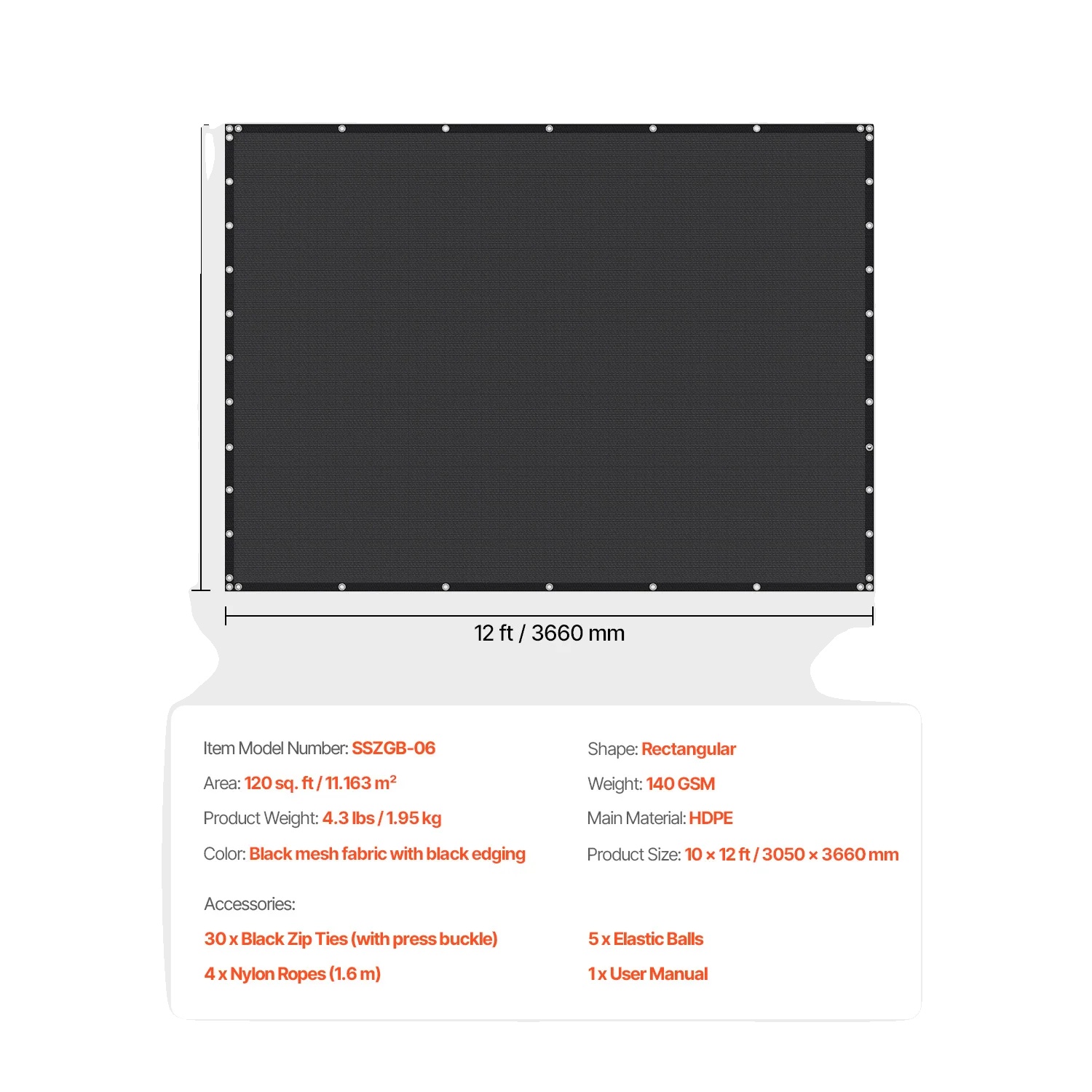 Schattengewebe, Uv-schutz, Langlebiges Hdpe-material, 185gsm 10x12ft Schwarz