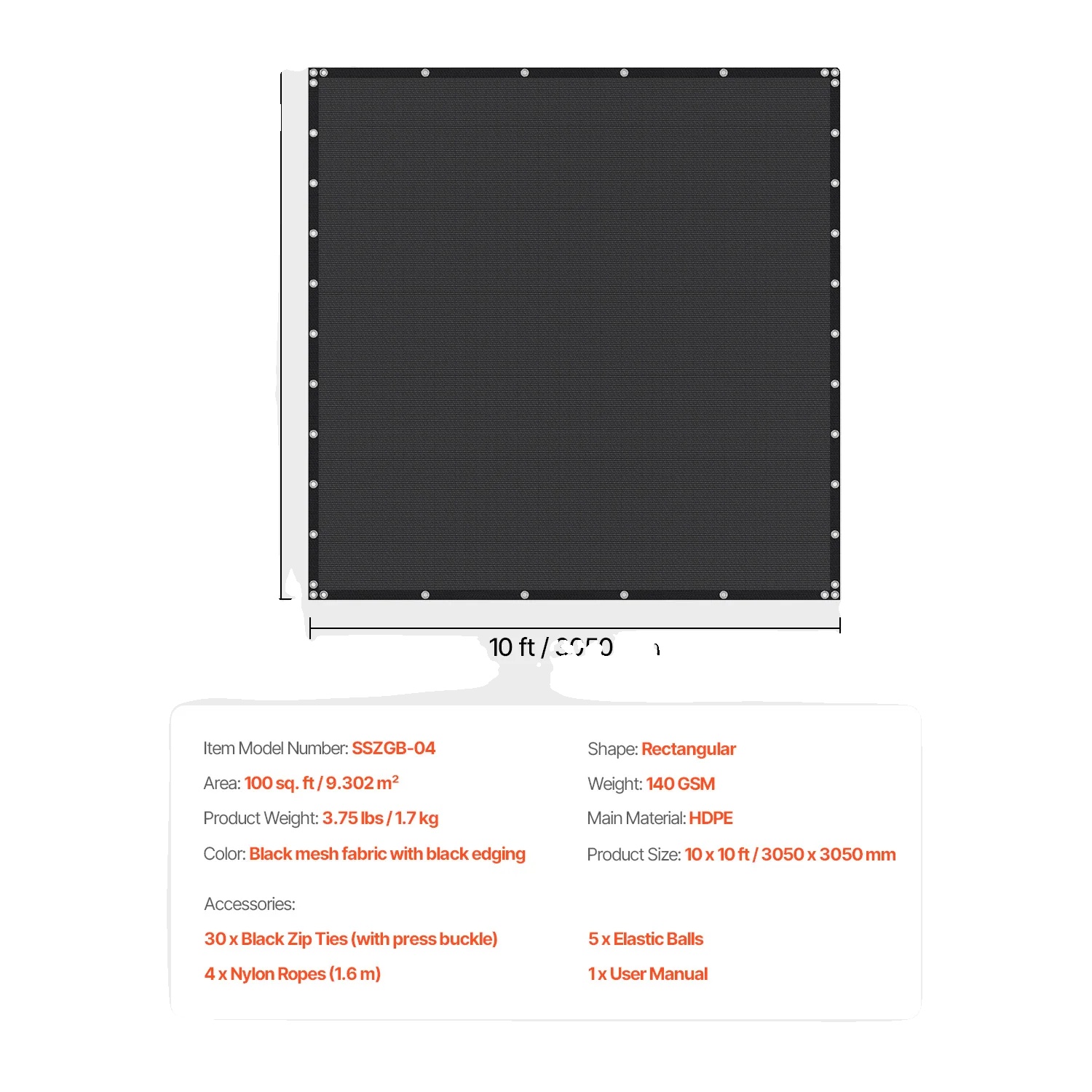 Schattengewebe, Uv-schutz, Langlebiges Hdpe-material, 185gsm 10x10ft Schwarz