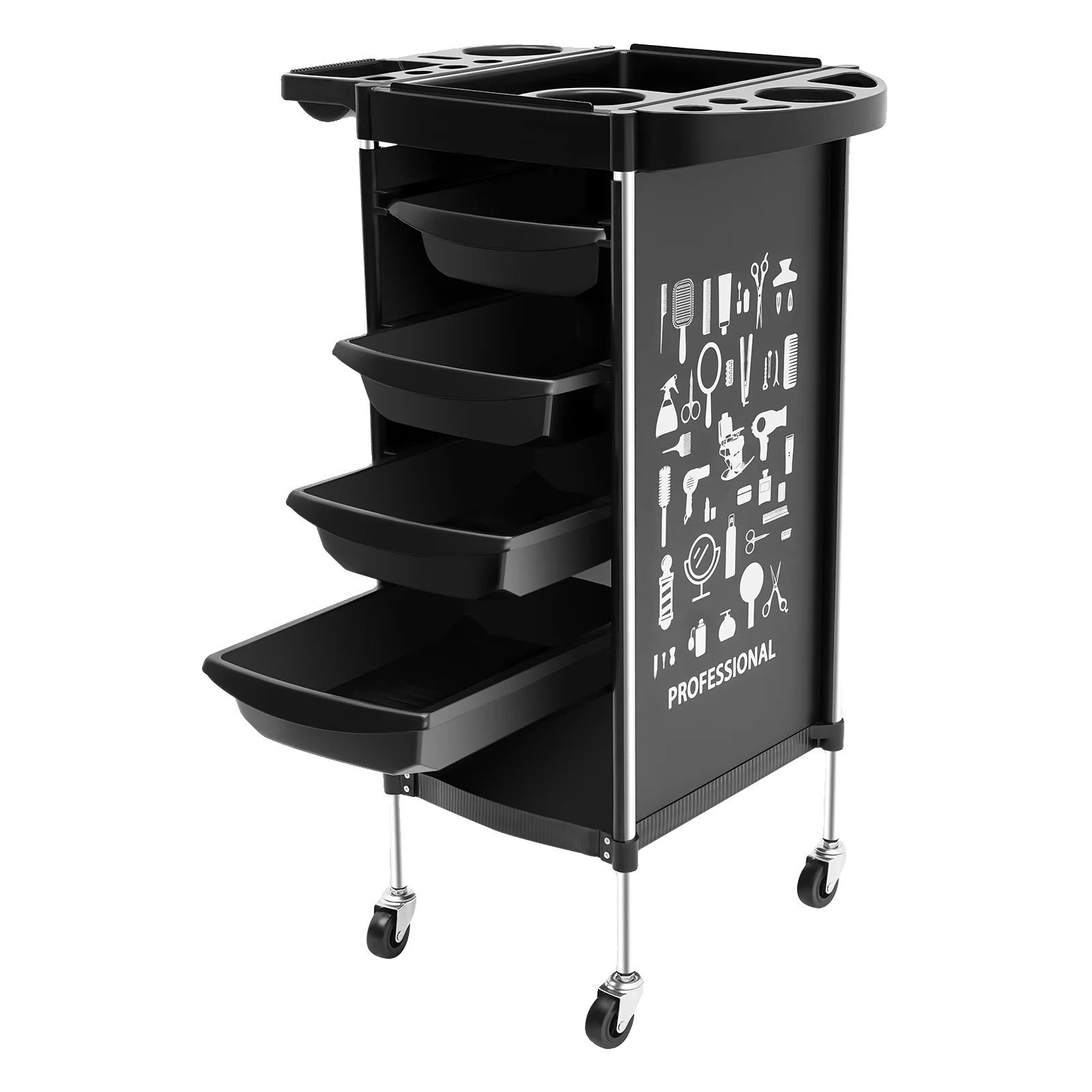 Salonwagen, 4 Schubladen, Klappbare Oberseite, Schwarz