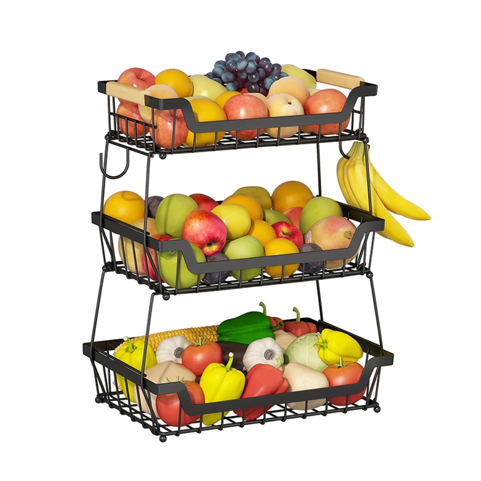 Obst- Und Gemüseaufbewahrungsregal, 3-stufiges Design, Platzsparende Eigenschaften, Schwarz, 3-stufig