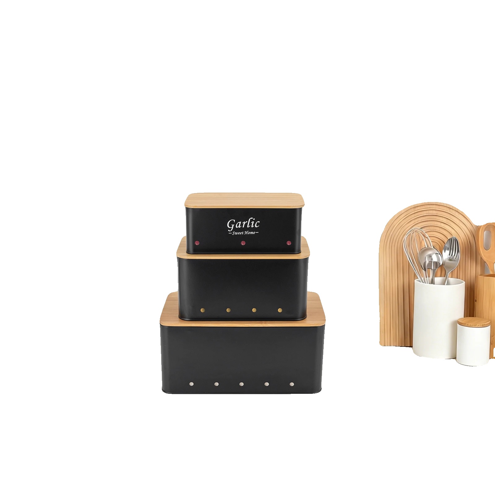 Gemüseaufbewahrungsbehälter, Kohlenstoffstahl Und Bambus, 3er-pack, Rechteckige Form, Luftzirkulationsöffnungen, 2,6 Kg Gewicht