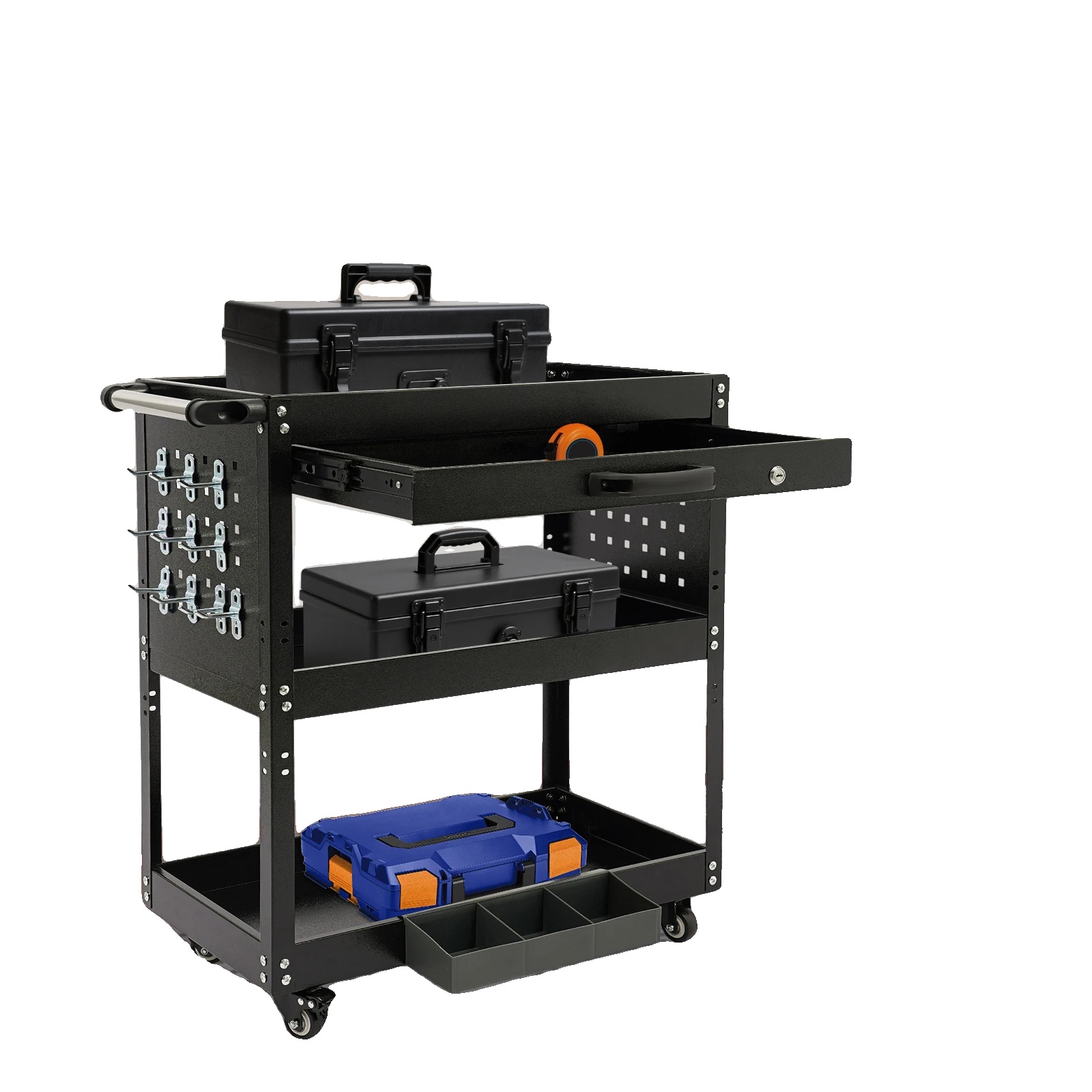 Beweglicher Werkzeugwagen, Stahlmaterial, 3 Ebenen, Tragfähigkeit 250 Kg, Abmessungen 77,6 X 81 X 35,66 Cm, 4 Universalräder