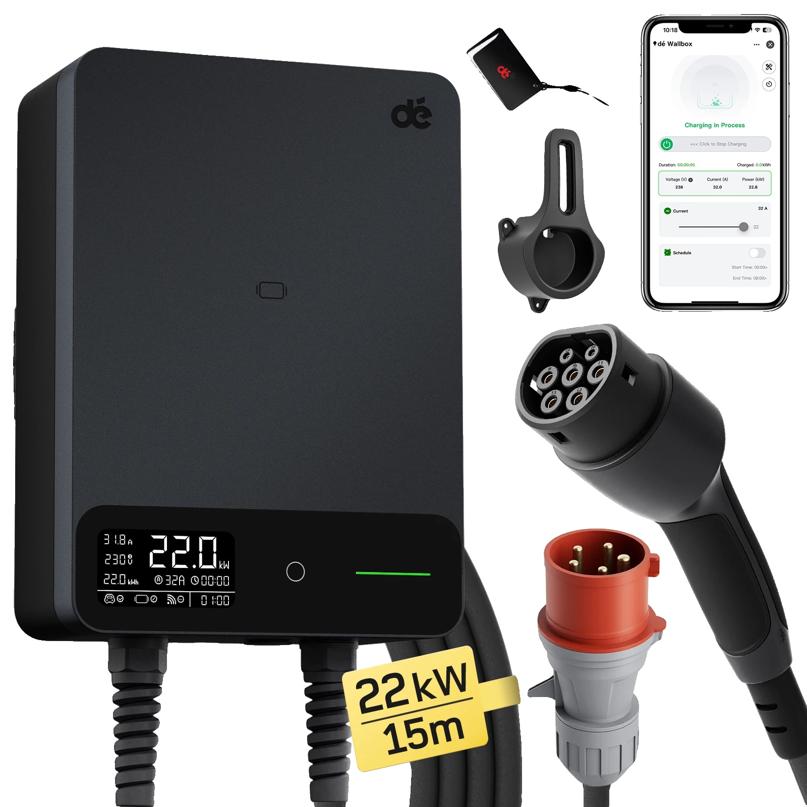 Ladestation Für Elektrofahrzeuge, 22 Kw Leistung, Intelligente Konnektivität, 15m App Schwarz