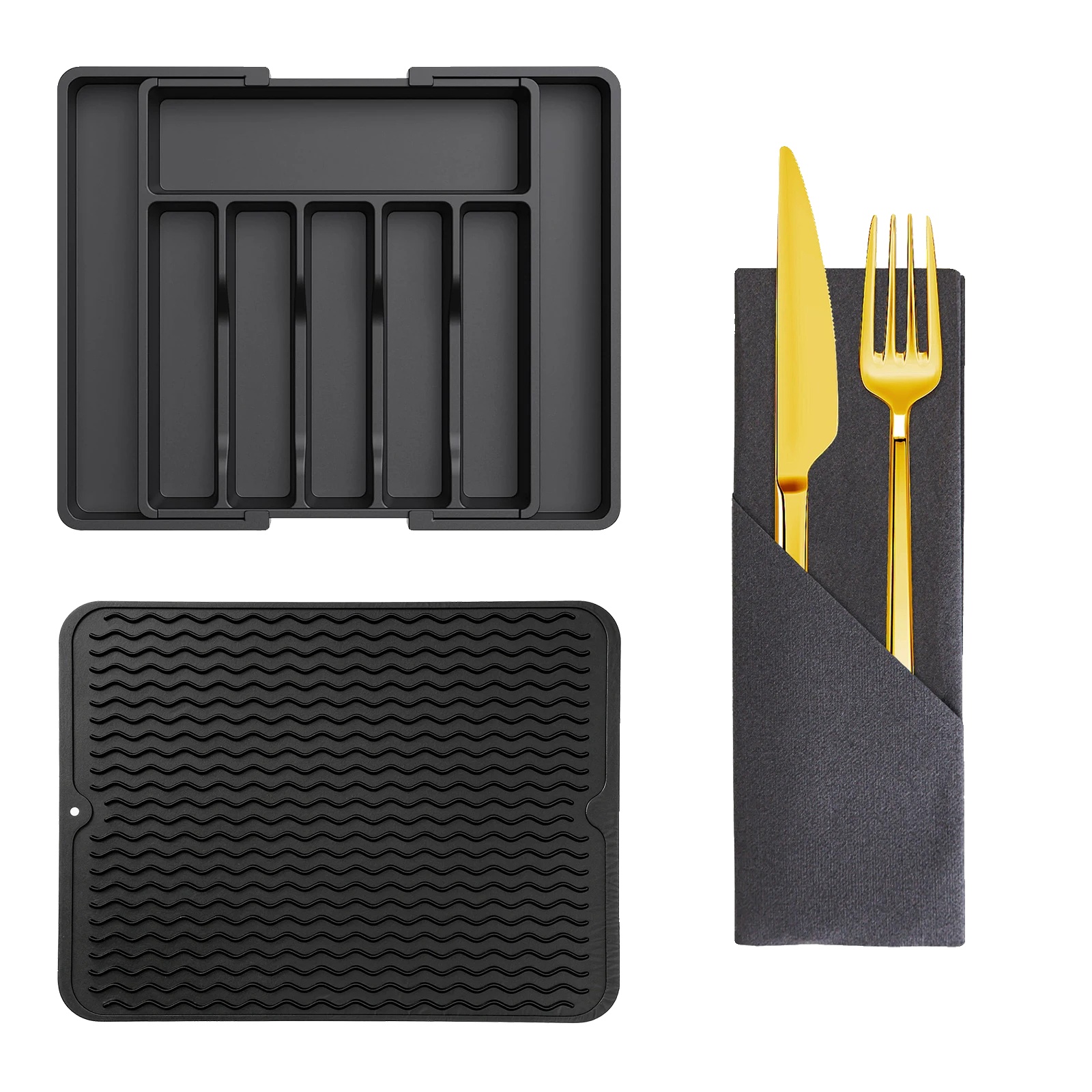 Besteckaufbewahrungsset, Erweiterbares Regal, Schützende Tischsets, Schwarz