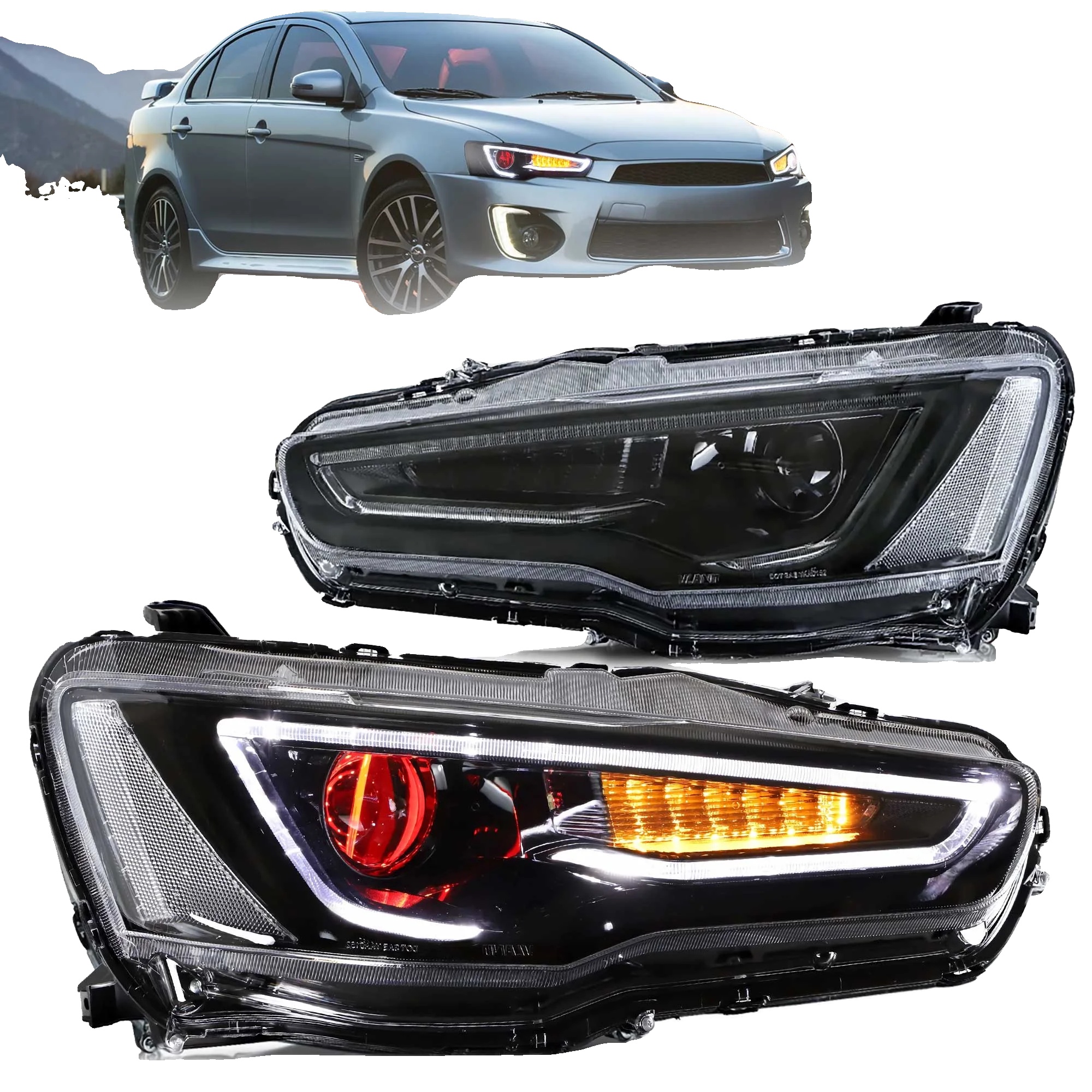 Scheinwerfergehäuse, Dual Beam Projektor, Kompatibel Mit Mitsubishi Lancer Evo X 2008-2017, Direkte, Schwarz Mit Dämonenauge, Linkslenker