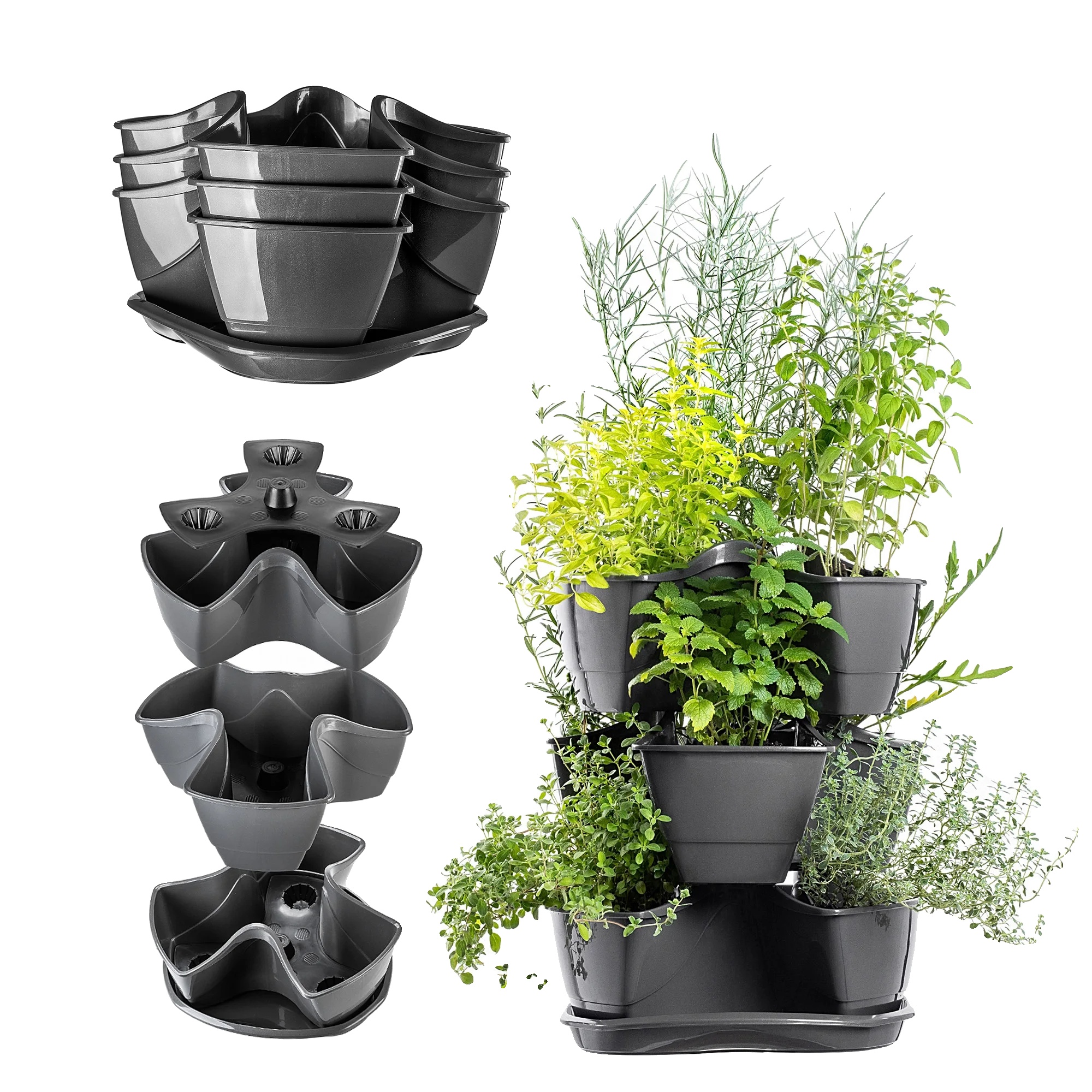 Blumentopf, Langlebiger Kunststoff, Abmessungen: 29,5 X 29,5 X 14 Cm / 29,5 X 29,5 X 38 Cm, Fassungsvermögen: 3 Liter / 9 Liter, Kaskadendes Design,