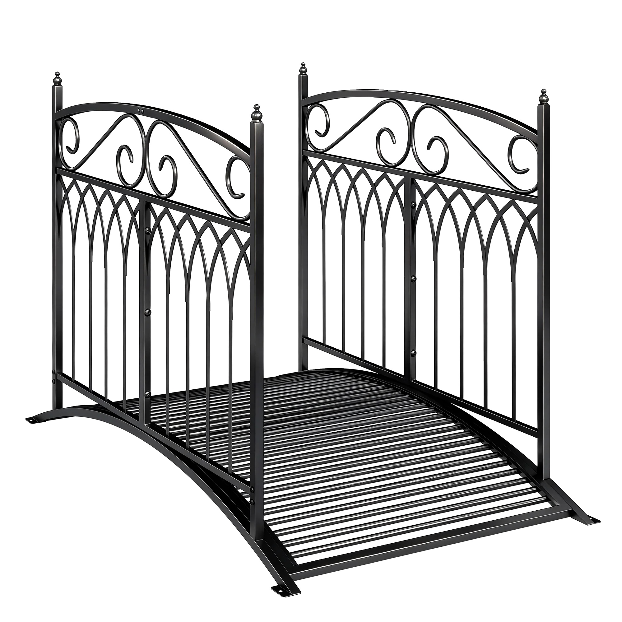 Teichfußbrücke, Verzierte Geländer, Wetterbeständiges Design, Schwarz