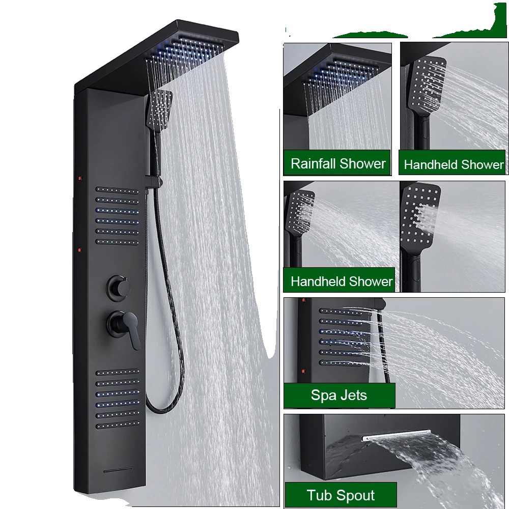 Duschsystem, Led-licht, Massage-sprüher, 6004 Matt Schwarz