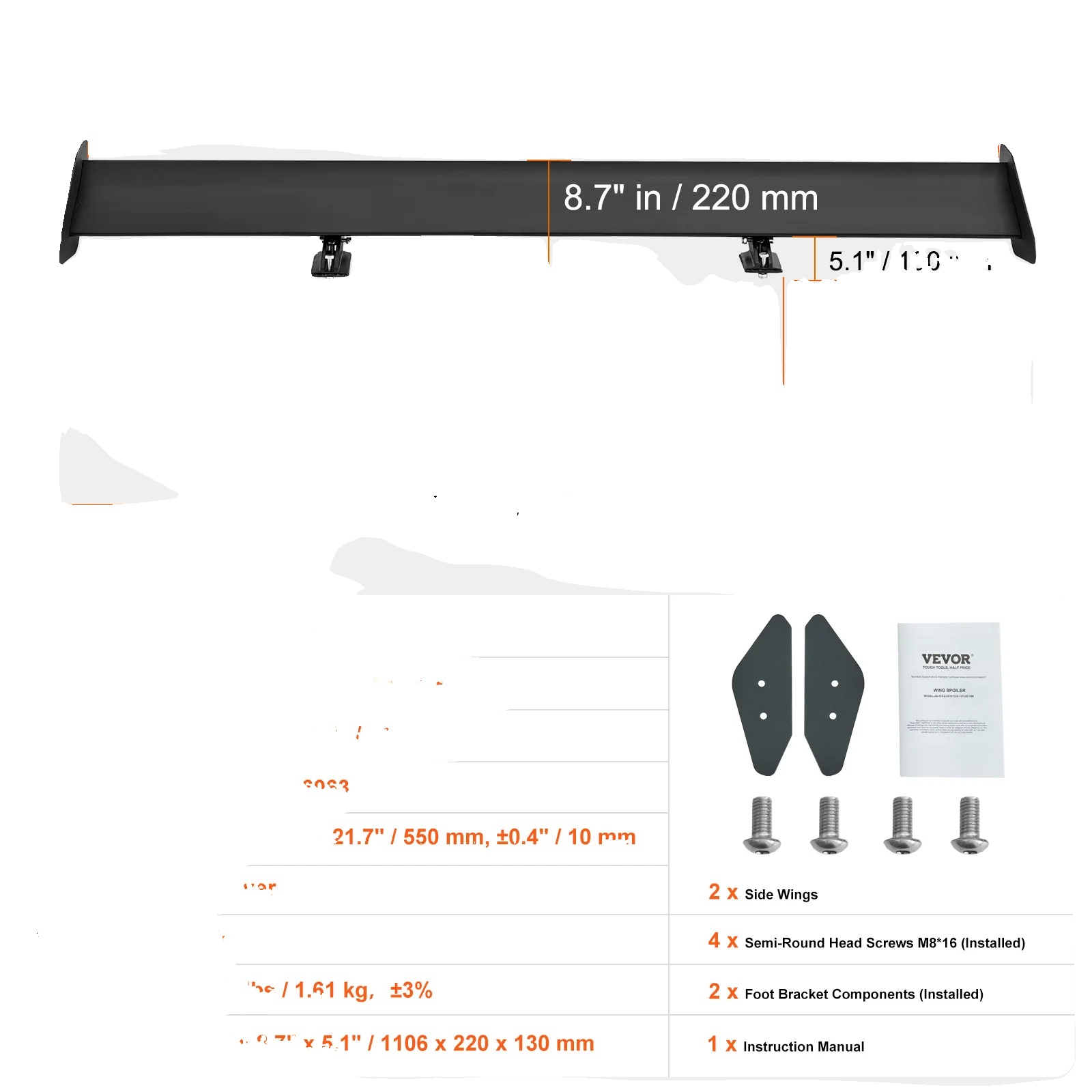 Auto-spoiler, Leichtes Aluminium, Universelle Passform, Kurz
