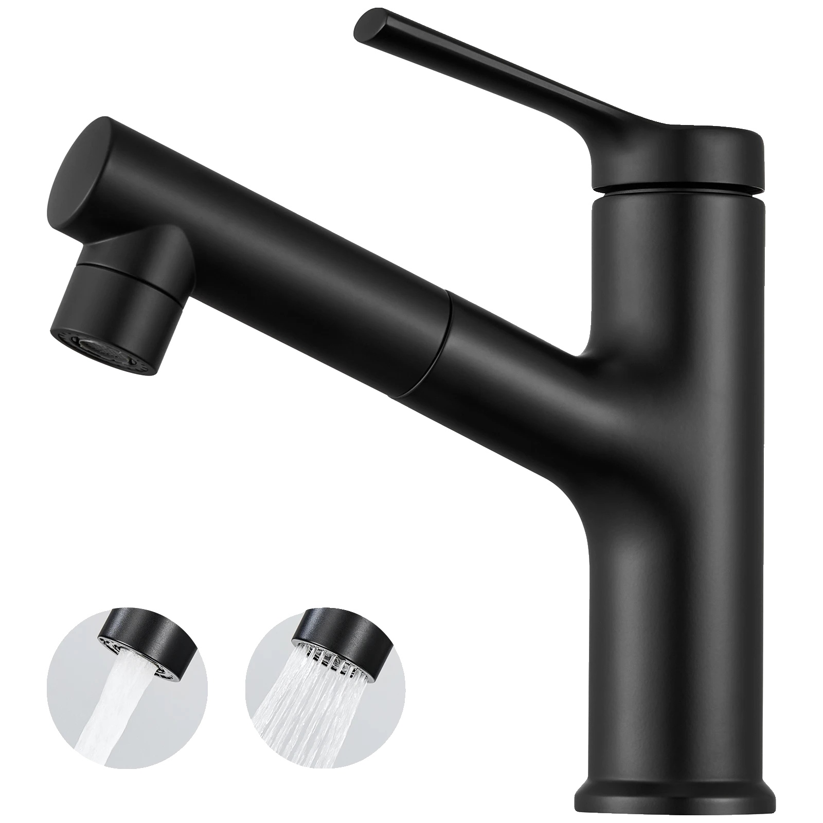 Waschtischarmatur, Ausziehbares Design, Langlebige Zinklegierung, Schwarz, Edelstahl, G3/8