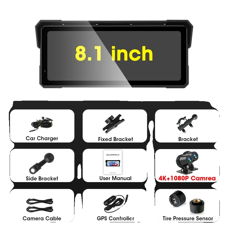 Motorrad Gps, 8,1 Zoll Bildschirm, Wasserdicht Ipx7, 8,1 Zoll Dvr Tpms