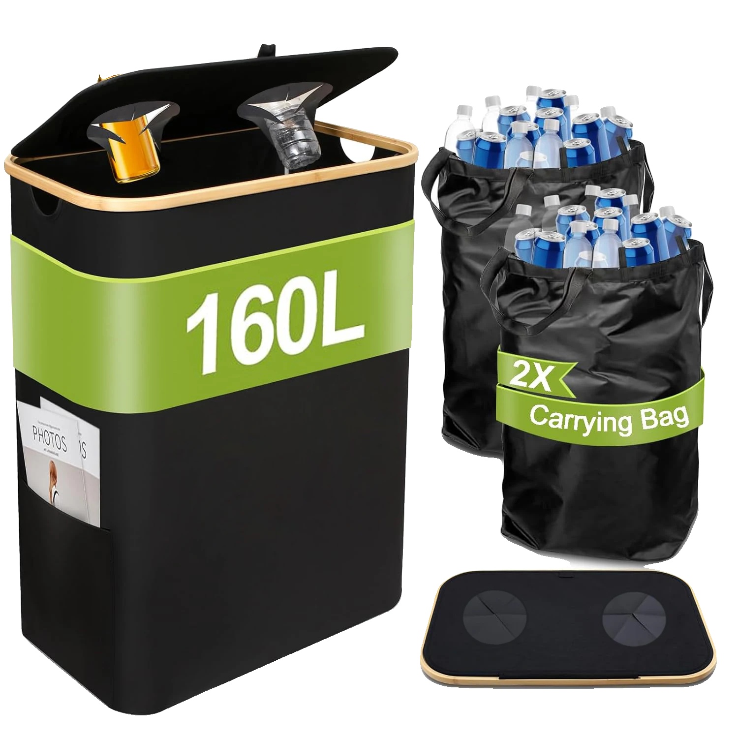 Recyclingbehälter, Extra Große Kapazität, Abnehmbare Tragetaschen, Schwarz