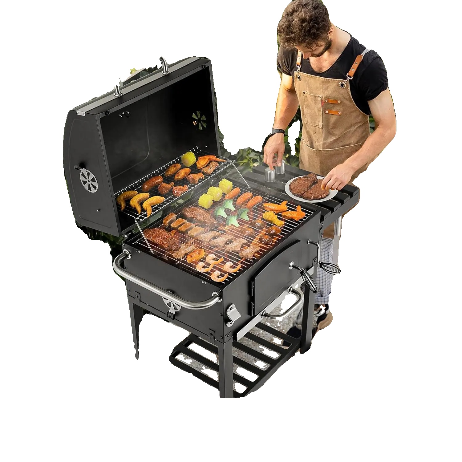 Holzkohlegrillwagen, Grillrost 57x42 Cm, Wärmeisolierender Grill 54x20 Cm, Verstellbare Belüftung 4, Integriertes Thermometer, Höhenverstellbare