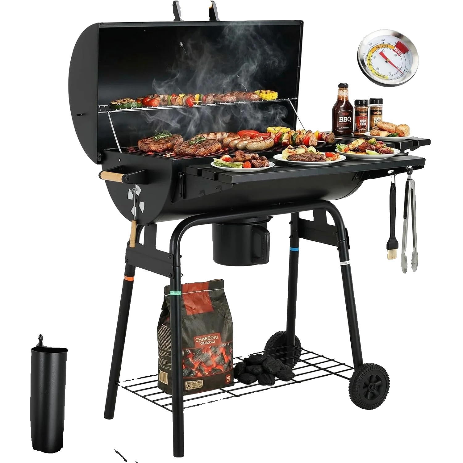 Holzkohlegrill, Stahlmaterial, 128 Cm Höhe, 107 Cm Länge, 2 Kochplatten, Porzellanemaillierte Oberfläche