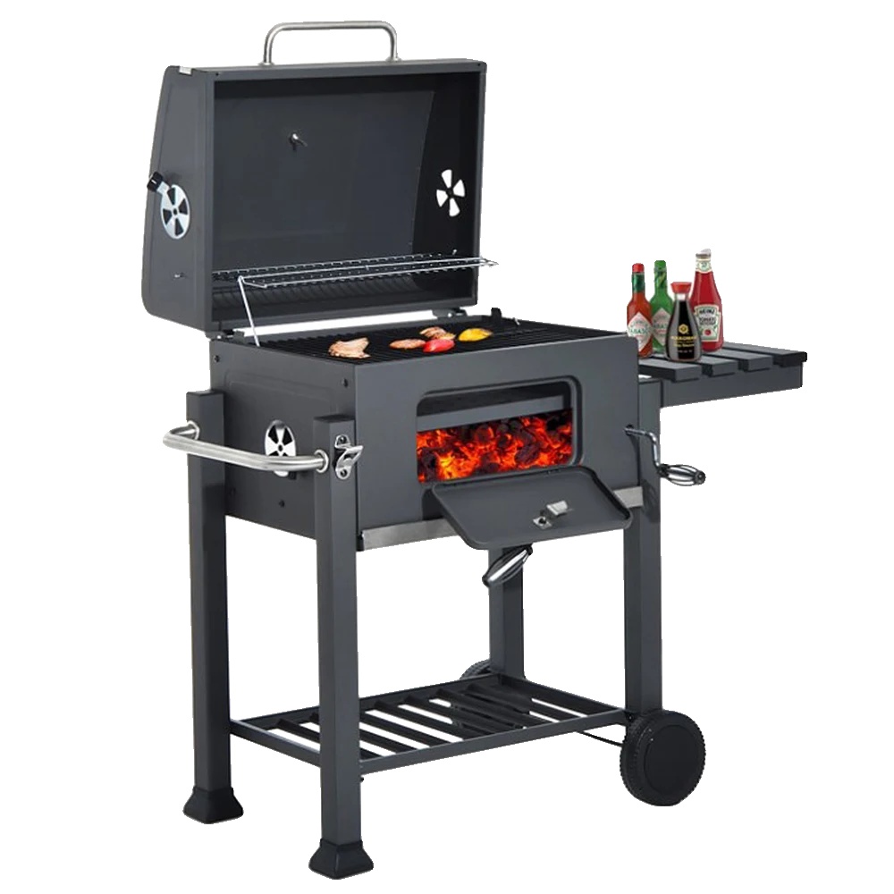 Grill, Holzkohlegrill, Eingebautes Thermometer, Schwarz