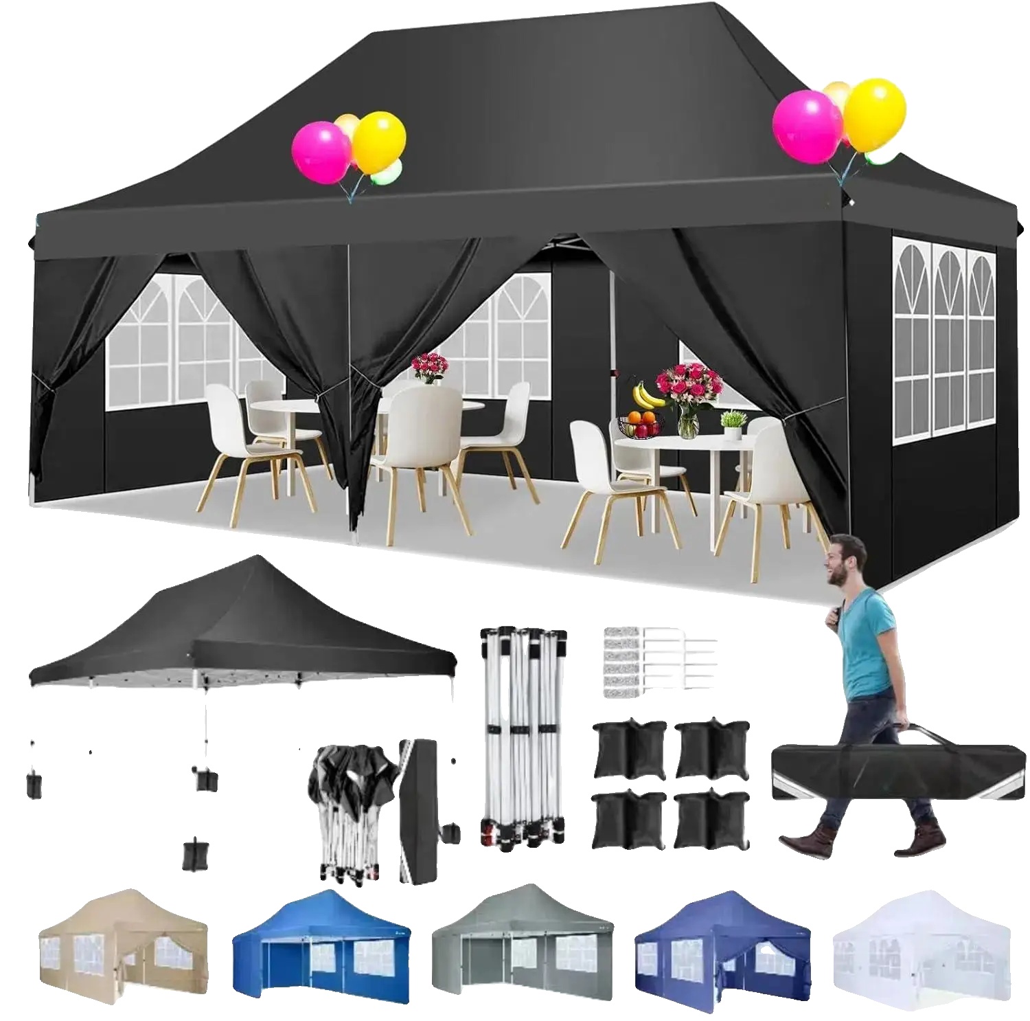 Pavillon, Wasserdichtes Gewebe, Anpassbare Einrichtung, Schwarz, 3x6m