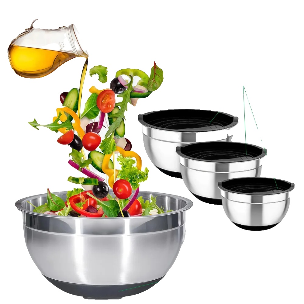 Salatschüssel-set, Lebensmittelechter Edelstahl, Stapelbares Design, Abmessungen 4,5 L - 1,2 L, Spülmaschinenfest (nur Schüsseln), Praktische
