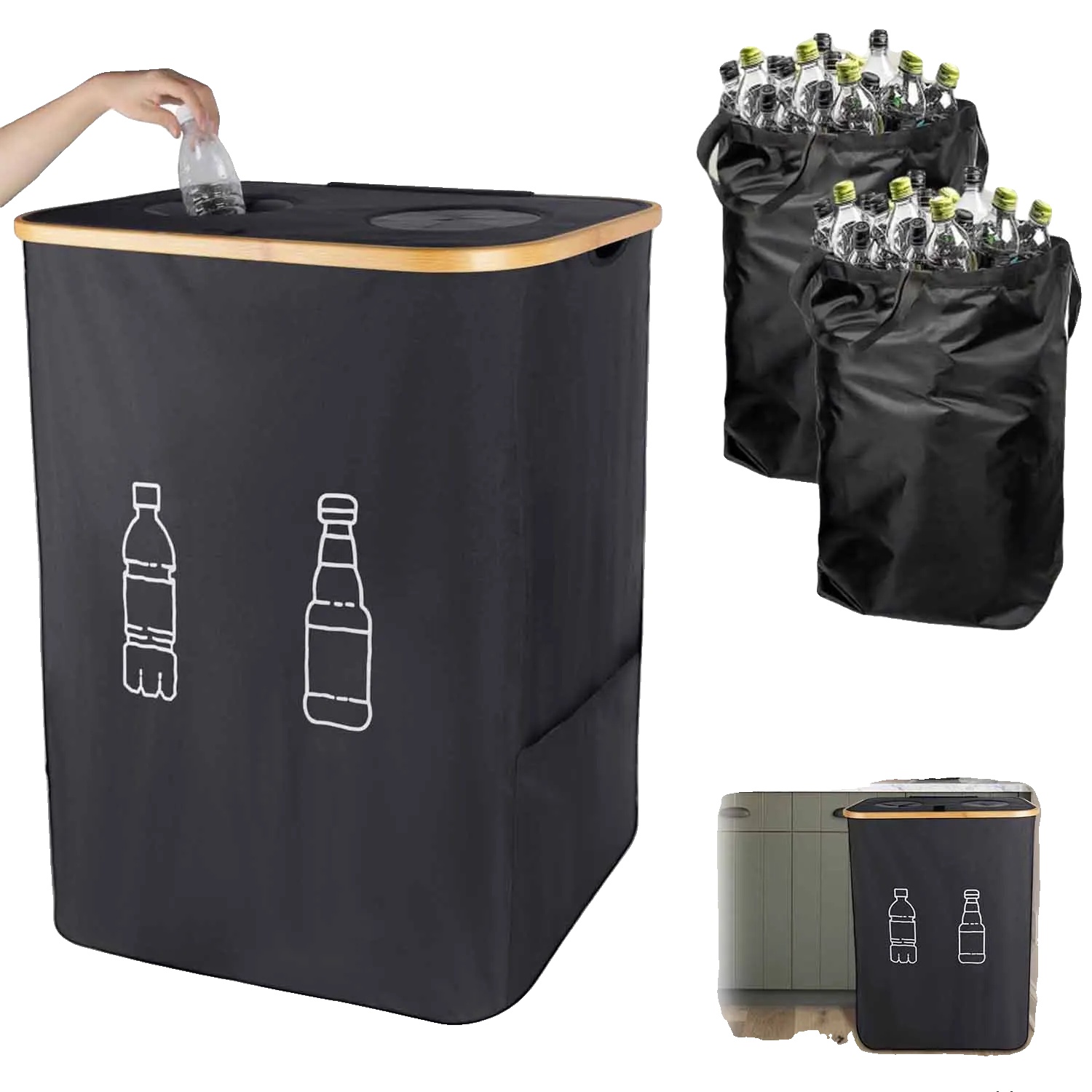 Recyclingbehälter, Große Kapazität, Abnehmbare Handtaschen, Schwarz