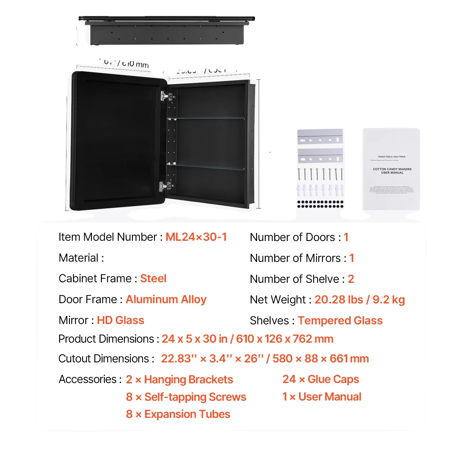 Medizinschrank, Verstellbare Regale, Modernes Design, 24x30inch