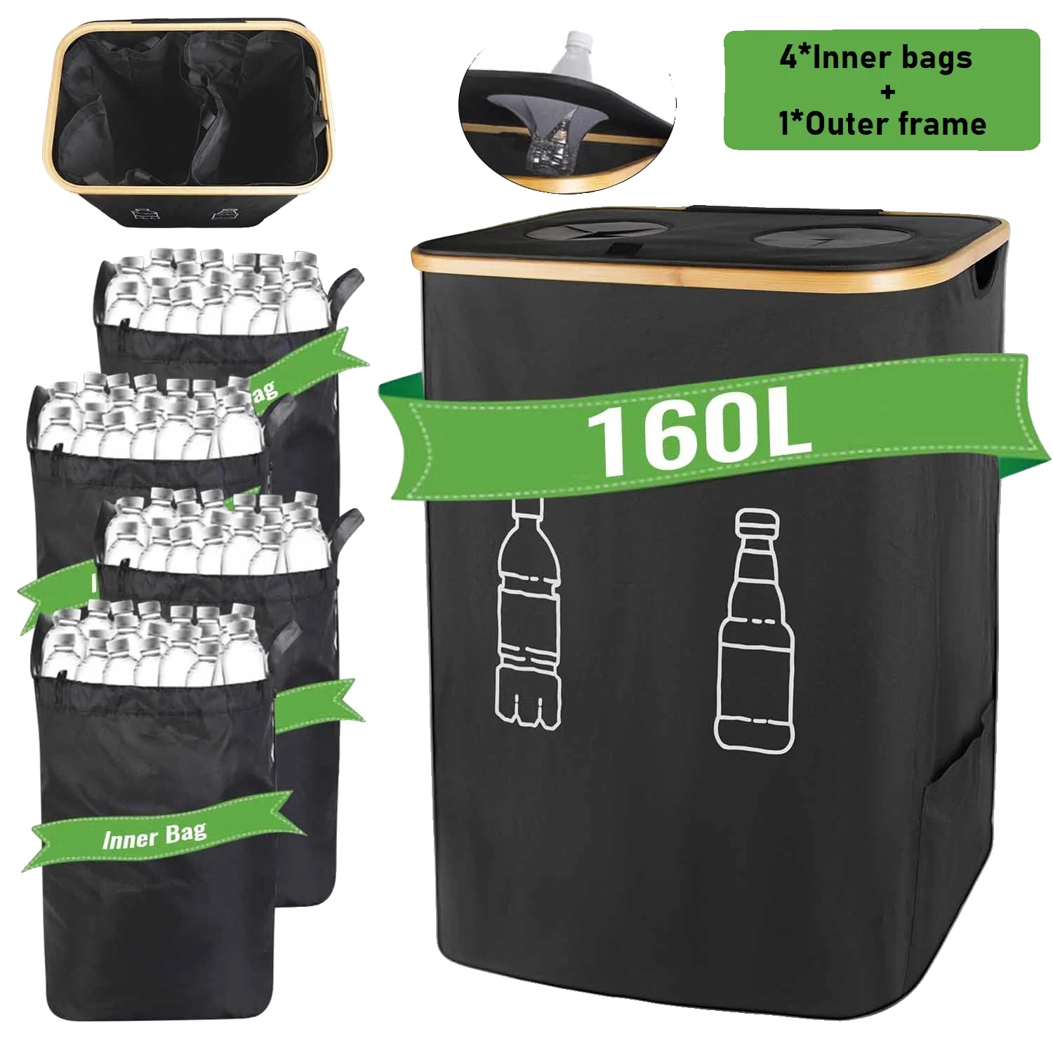 Recyclingbehälter, 160l Fassungsvermögen, Wasserdichtes Material, Schwarz, 160l