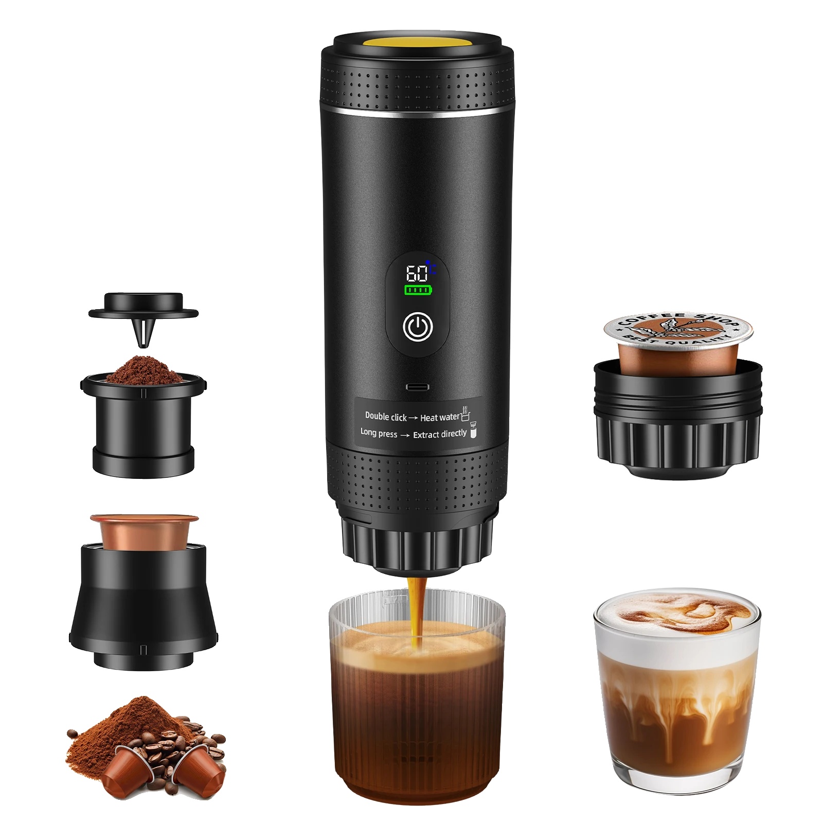 Tragbare Espresso-kaffeemaschine, 3-in-1 Brühkompatibilität, Usb-c Schnellladung, Schwarz
