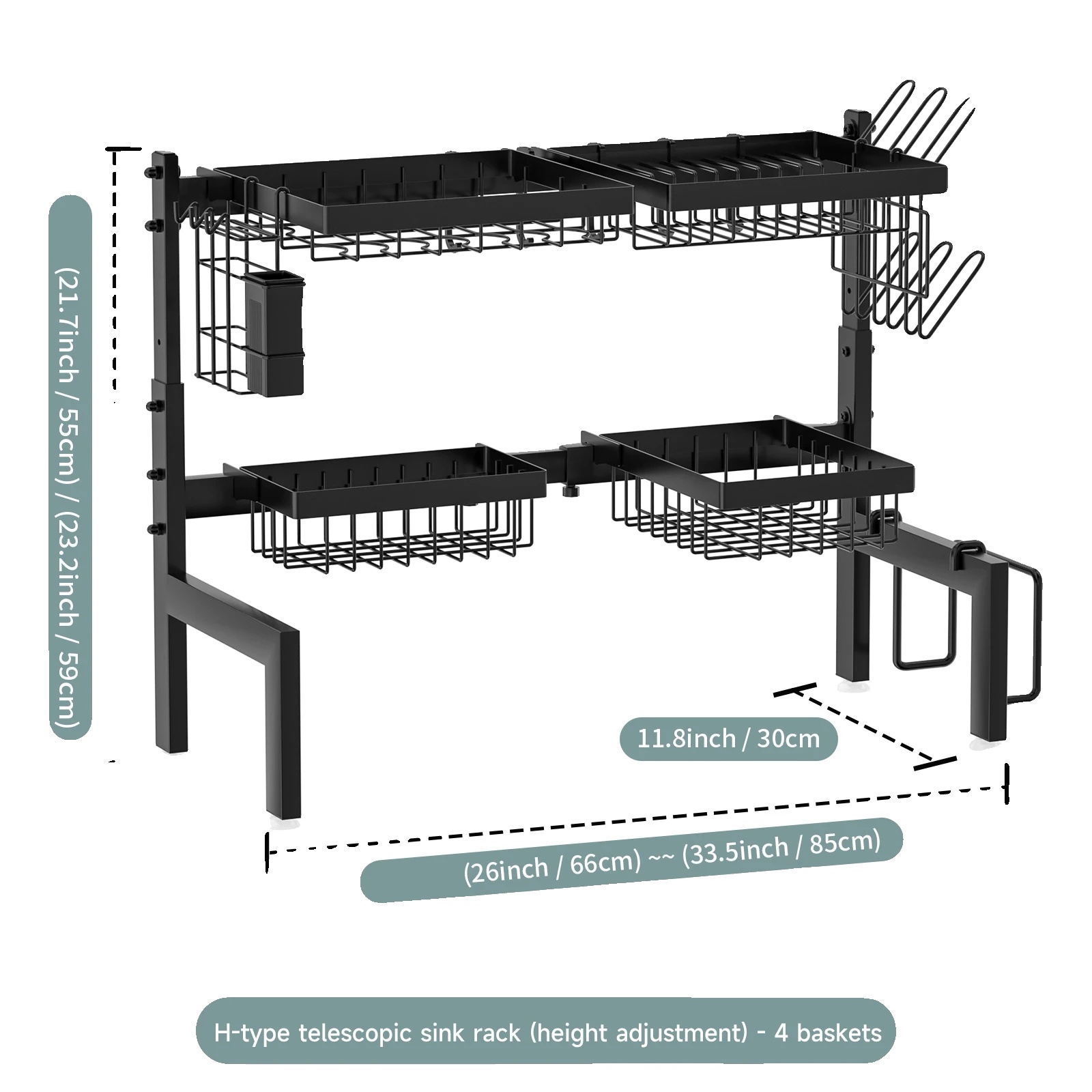 Geschirrabtropfgestell, 2-stöckiges Design, Verstellbar, Pl-schwarz