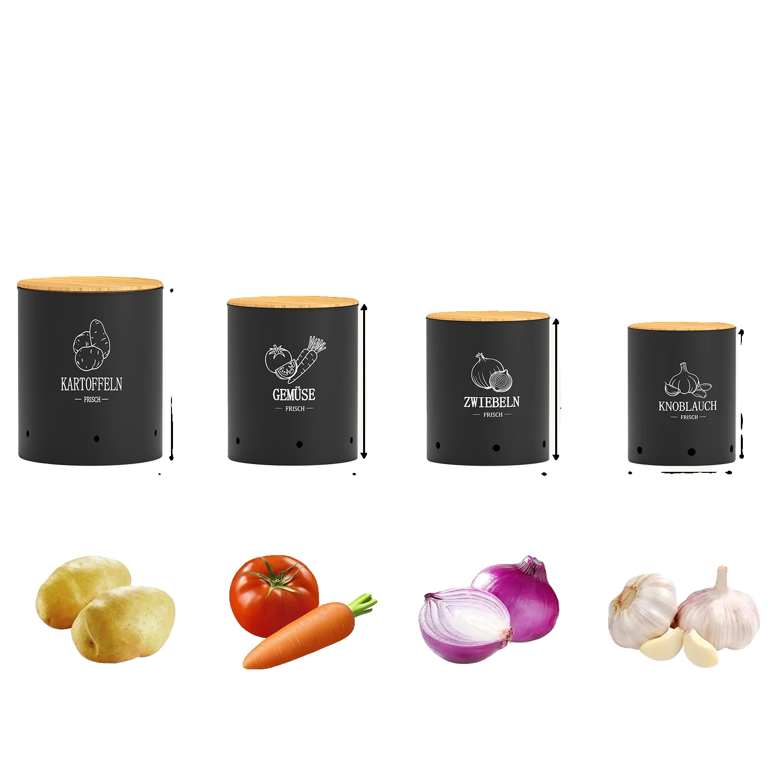 Gemüseaufbewahrungsbehälter, Stapelbares Design, Einfache Identifizierung, Schwarz 4pcs