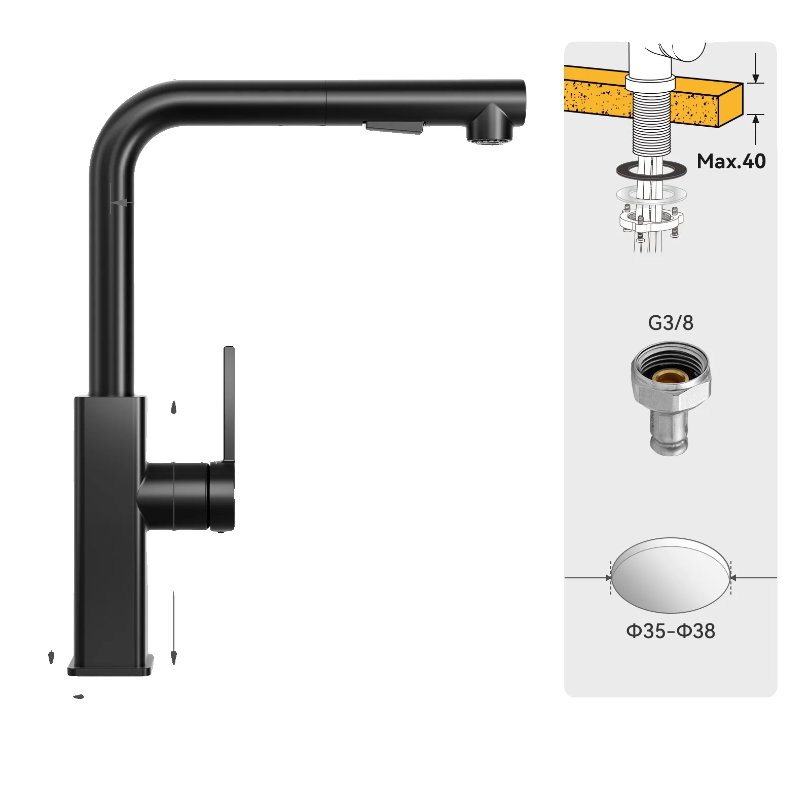 Küchenarmatur, Ausziehbare Auslauf, Langlebiger Edelstahl, Mattschwarz, G3/8