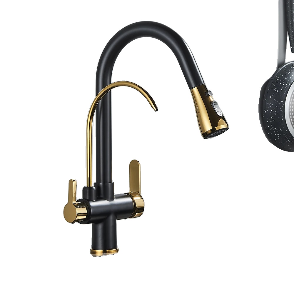 Wasserhahn, Ausziehbare Sprühdüse, Messingkonstruktion, Schwarzes Gold